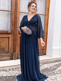 Vestidos de mãe da noiva em corte A/princesa, decote em V, mangas compridas, cauda comprida/arrastada