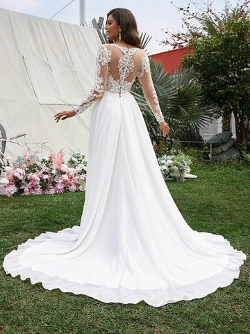 A-Linie/Princess-Linie Chiffon Applikationen V-Ausschnitt Lange Ärmel Sweep/Pinsel zug Brautkleider