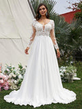 Vestidos de noiva estilo princesa com aplicações em chiffon, decote em V, mangas compridas, cauda longa e cauda longa