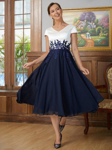 A-Linie/Princess-Linie Chiffon Applikationen V-Ausschnitt Kurze Ärmel Wadenlang Kleider für die Brautmutter