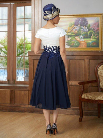 A-Linie/Princess-Linie Chiffon Applikationen V-Ausschnitt Kurze Ärmel Wadenlang Kleider für die Brautmutter