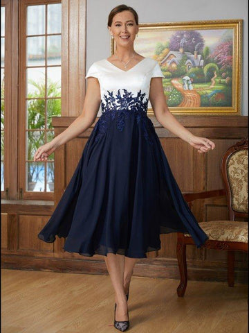 A-Linie/Princess-Linie Chiffon Applikationen V-Ausschnitt Kurze Ärmel Wadenlang Kleider für die Brautmutter