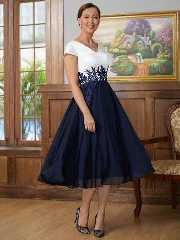 A-Linie/Princess-Linie Chiffon Applikationen V-Ausschnitt Kurze Ärmel Wadenlang Kleider für die Brautmutter