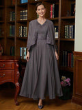 Vestidos de mãe da noiva em corte princesa/A com aplicações em chiffon, decote em V, sem mangas e comprimento até ao tornozelo