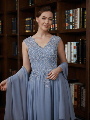 A-Linie/Princess-Linie Chiffon Applikationen V-Ausschnitt Ärmellos Bodenlang Kleider für die Brautmutter