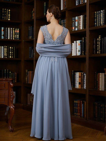 A-Linie/Princess-Linie Chiffon Applikationen V-Ausschnitt Ärmellos Bodenlang Kleider für die Brautmutter