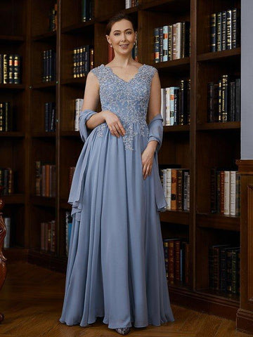 A-Linie/Princess-Linie Chiffon Applikationen V-Ausschnitt Ärmellos Bodenlang Kleider für die Brautmutter
