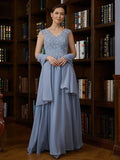 Vestidos de mãe da noiva em linha A/princesa, decote em V, sem mangas, comprimento até ao chão, com aplicações em chiffon