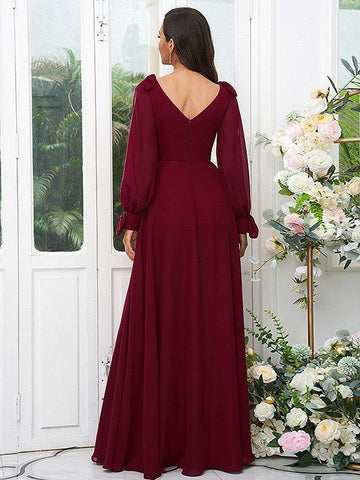 A-Linie/Princess-Linie Chiffon Schleife V-Ausschnitt Lange Ärmel Bodenlang Brautjungfernkleider