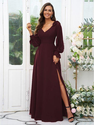 A-Linie/Princess-Linie Chiffon Schleife V-Ausschnitt Lange Ärmel Bodenlang Brautjungfernkleider