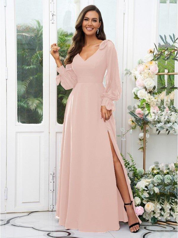 A-Line/Princess Chiffon Bowknot V-neck Long Sleeves Floor-Length Bridesmaid Dresses