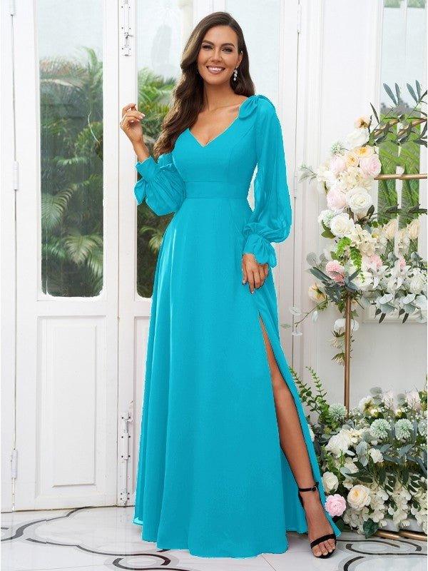 A-Line/Princess Chiffon Bowknot V-neck Long Sleeves Floor-Length Bridesmaid Dresses