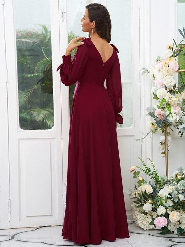 A-Line/Princess Chiffon Bowknot V-neck Long Sleeves Floor-Length Bridesmaid Dresses