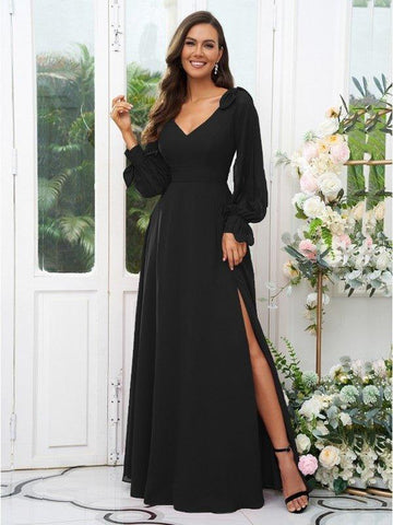 A-Linie/Princess-Linie Chiffon Schleife V-Ausschnitt Lange Ärmel Bodenlang Brautjungfernkleider