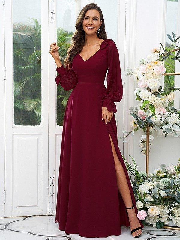 A-Line/Princess Chiffon Bowknot V-neck Long Sleeves Floor-Length Bridesmaid Dresses
