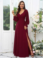 A-Line/Princess Chiffon Bowknot V-neck Long Sleeves Floor-Length Bridesmaid Dresses