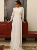 Vestidos de noiva em linha A/princesa, chiffon, renda, joalharia, mangas compridas, comprimento até ao chão