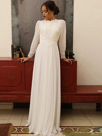 A-Linie/Princess-Linie Chiffon Spitze Juwel-Ausschnitt Lange Ärmel Bodenlang Brautkleider