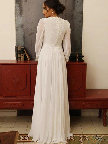 A-Linie/Princess-Linie Chiffon Spitze Juwel-Ausschnitt Lange Ärmel Bodenlang Brautkleider