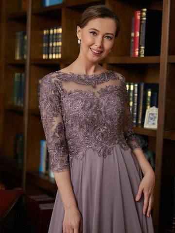 A-Linie/Princess-Linie Chiffon Spitze U-Ausschnitt 3/4 Ärmel Bodenlang Brautmutterkleider