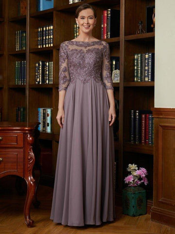 A-Linie/Princess-Linie Chiffon Spitze U-Ausschnitt 3/4 Ärmel Bodenlang Brautmutterkleider