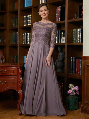 A-Linie/Princess-Linie Chiffon Spitze U-Ausschnitt 3/4 Ärmel Bodenlang Brautmutterkleider