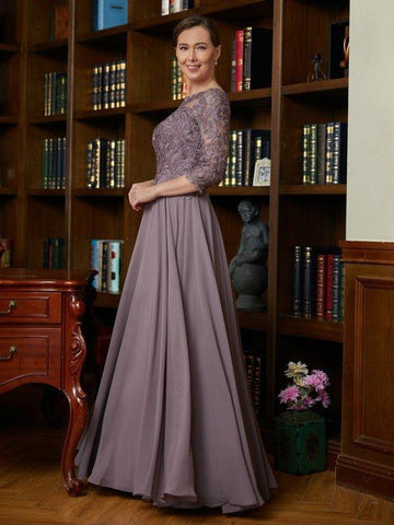 A-Linie/Princess-Linie Chiffon Spitze U-Ausschnitt 3/4 Ärmel Bodenlang Brautmutterkleider