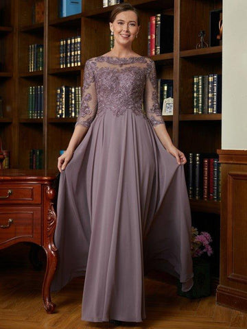A-Linie/Princess-Linie Chiffon Spitze U-Ausschnitt 3/4 Ärmel Bodenlang Brautmutterkleider