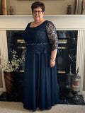 Vestidos de mãe da noiva plus size, corte A/princesa, chiffon, renda, decote redondo, mangas 3/4, comprimento até ao chão