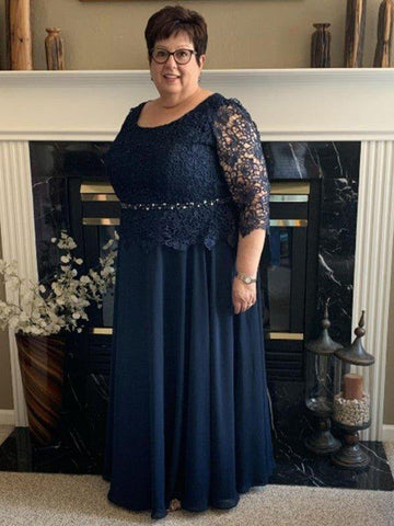 A-Linie/Princess-Linie Chiffon Spitze U-Ausschnitt 3/4 Ärmel Bodenlang Große Größen Brautmutterkleider