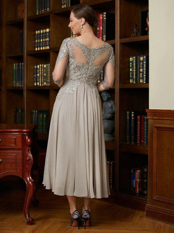A-Linie/Princess-Linie Chiffon Spitze U-Ausschnitt 3/4 Ärmel Wadenlang Kleider für die Brautmutter