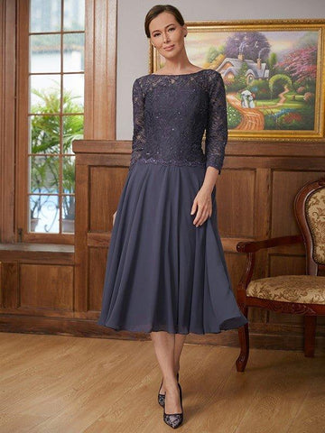 A-Linie/Princess-Linie Chiffon Spitze U-Ausschnitt 3/4 Ärmel Wadenlang Kleider für die Brautmutter