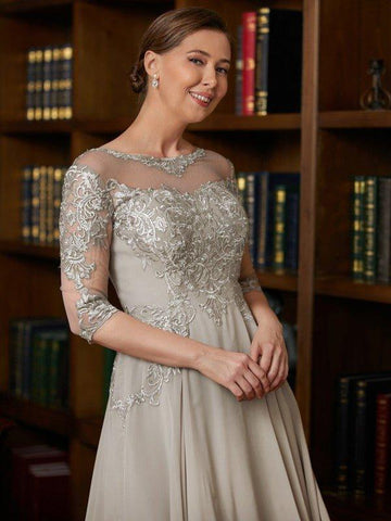 A-Linie/Princess-Linie Chiffon Spitze U-Ausschnitt 3/4 Ärmel Wadenlang Kleider für die Brautmutter