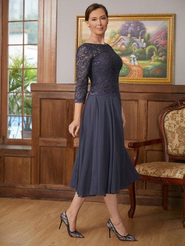 A-Linie/Princess-Linie Chiffon Spitze U-Ausschnitt 3/4 Ärmel Wadenlang Kleider für die Brautmutter