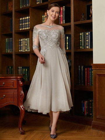 A-Linie/Princess-Linie Chiffon Spitze U-Ausschnitt 3/4 Ärmel Wadenlang Kleider für die Brautmutter