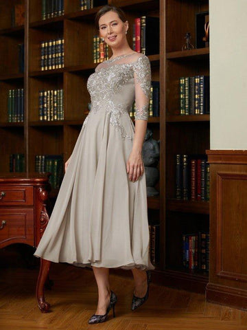 A-Linie/Princess-Linie Chiffon Spitze U-Ausschnitt 3/4 Ärmel Wadenlang Kleider für die Brautmutter