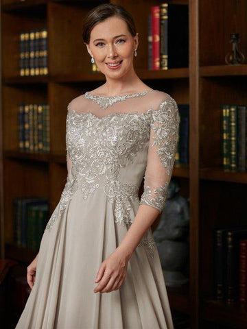 A-Linie/Princess-Linie Chiffon Spitze U-Ausschnitt 3/4 Ärmel Wadenlang Kleider für die Brautmutter