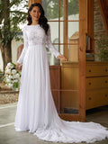 Vestidos de noiva princesa/a-line em chiffon com renda, decote redondo, mangas compridas e cauda catedral