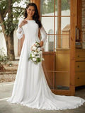 Vestidos de noiva estilo princesa com decote em V e mangas compridas, em chiffon e renda, cauda comprida