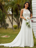 Vestidos de novia de corte princesa en línea A, de encaje de gasa, con escote cuchara, sin mangas y cola barrida