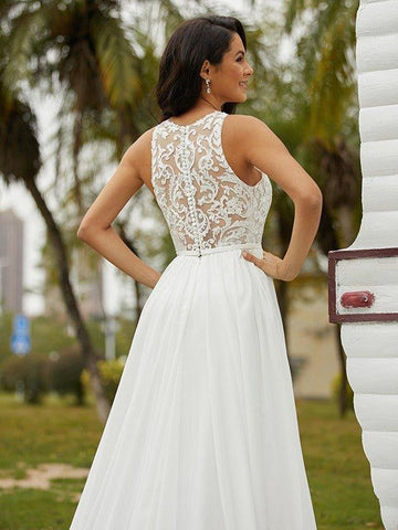 A-Linie/Princess-Linie Chiffon Spitze U-Ausschnitt Ärmellos Sweep/Pinsel zug Brautkleider