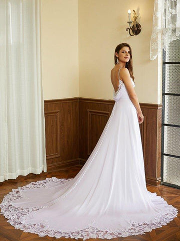 A-Linie/Princess-Linie Chiffon Spitze Spaghettiträger Ärmellos Kapelle-schleppe Brautkleider