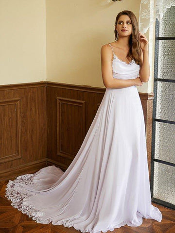 A-Linie/Princess-Linie Chiffon Spitze Spaghettiträger Ärmellos Kapelle-schleppe Brautkleider