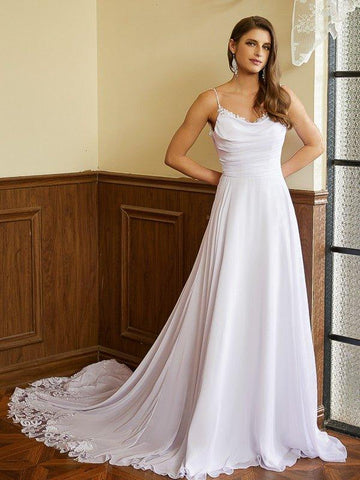 A-Linie/Princess-Linie Chiffon Spitze Spaghettiträger Ärmellos Kapelle-schleppe Brautkleider