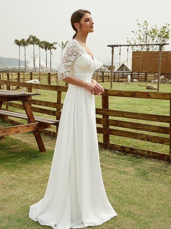 A-Line/Princess Chiffon Lace V-neck 1/2 Sleeves Floor-Length Wedding Dresses