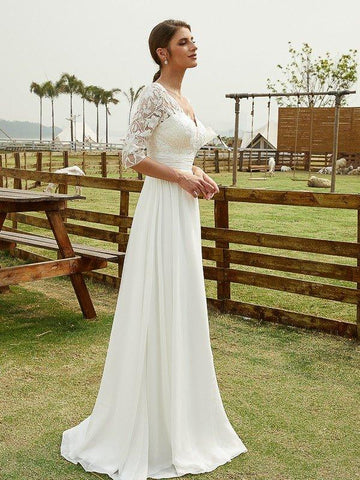 A-Linie/Princess-Linie Chiffon Spitze V-Ausschnitt 1/2 Ärmel Bodenlang Brautkleider