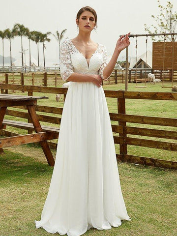 A-Linie/Princess-Linie Chiffon Spitze V-Ausschnitt 1/2 Ärmel Bodenlang Brautkleider