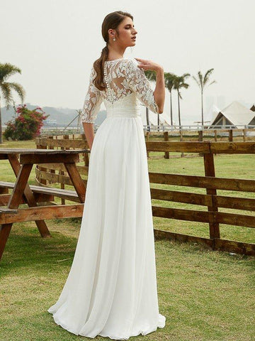 A-Linie/Princess-Linie Chiffon Spitze V-Ausschnitt 1/2 Ärmel Bodenlang Brautkleider