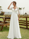 Abito da sposa in chiffon e pizzo a linea A/princess, scollatura a V, mezze maniche e lunghezza pavimento
