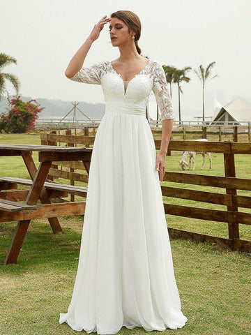 A-Linie/Princess-Linie Chiffon Spitze V-Ausschnitt 1/2 Ärmel Bodenlang Brautkleider